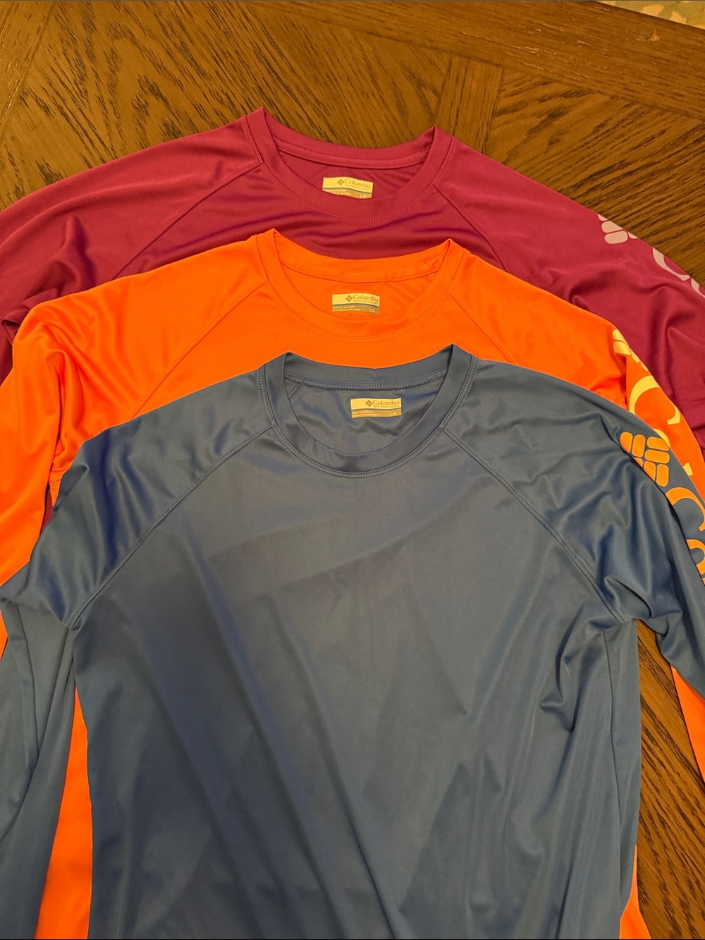 3 Columbia Long Sleeve Performance Shirts - Blue, Orange, Magenta